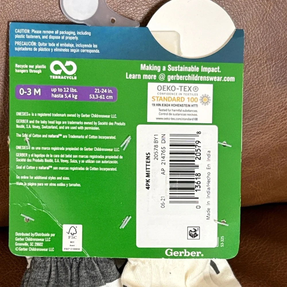 Gerber 0-3M Gray and Cream Baby Mittens 4-Pack